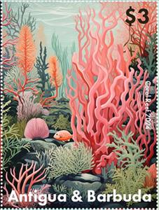 Stamp, Coral Reef, Antigua and Barbuda,  , Animals (Fauna), Corals and Sponges, Sea Life