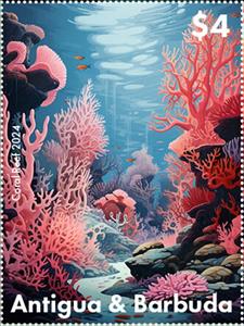 Stamp, Coral Reef, Antigua and Barbuda,  , Animals (Fauna), Corals and Sponges, Sea Life