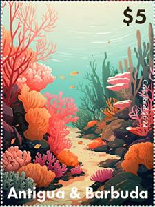 Stamp, Coral Reef, Antigua and Barbuda,  , Animals (Fauna), Corals and Sponges, Sea Life