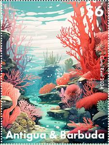 Stamp, Coral Reef, Antigua and Barbuda,  , Animals (Fauna), Corals and Sponges, Sea Life