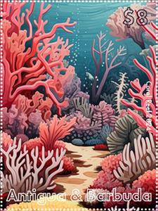 Stamp, Coral Reef, Antigua and Barbuda,  , Animals (Fauna), Corals and Sponges, Sea Life