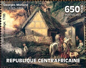 Stamp, "Edge of a village", 1786, Central African Republic,  , Anniversaries and Jubilees, Dogs, Famous People, Horses, Painters, Paintings