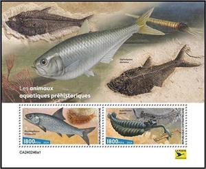 Souvenir Sheet, (Pholidophorus latiusculus) and (Acanthodes bronni), Central African Republic,  , Animals (Fauna), Fishes, Prehistoric Animals, Prehistory
