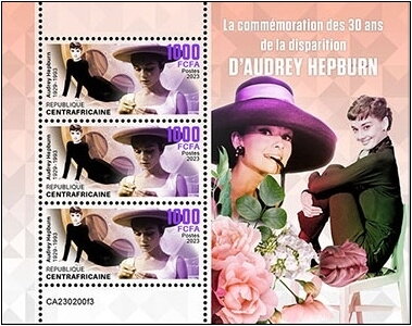 Mini Sheet, Audrey Hepburn (1929–1993), Central African Republic,  , Actors, Anniversaries and Jubilees, Famous People