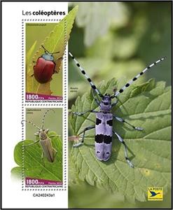 Souvenir Sheet, Beetles (Chrysomela populi) and (Lepturobosca virens), Central African Republic,  , Animals (Fauna), Beetles, Insects