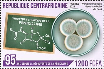Stamp, Chemical structure of penicillin, Penicillium rubens in a Pe, Central African Republic,  , Anniversaries and Jubilees, Healthcare, Medicines