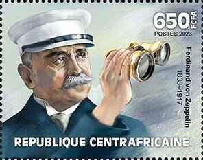 Stamp, Ferdinand von Zeppelin (1838–1917), Central African Republic,  , Anniversaries and Jubilees, Famous People, Изобретатели, Zeppelins