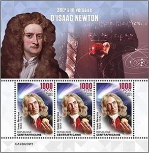 Mini Sheet, Isaac Newton (1643–1727), Central African Republic,  , Anniversaries and Jubilees, Physicists