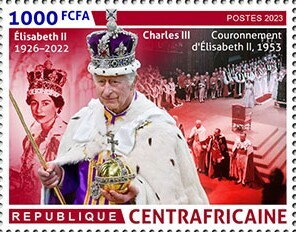 Stamp, King Charles III, Elizabeth II, Coronation of Elizabeth II, Central African Republic,  , Famous People, Heads of State, Kings, Queens, Royalty