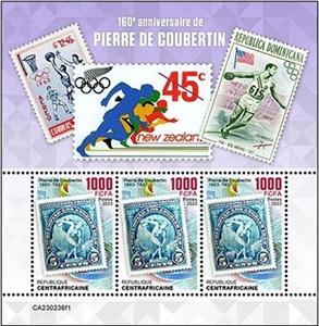 Mini Sheet, Pierre de Coubertin (1863–1937), Central African Republic,  , Anniversaries and Jubilees, Historians