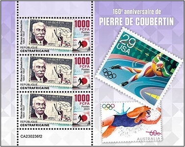 Mini Sheet, Pierre de Coubertin (1863–1937), Central African Republic,  , Anniversaries and Jubilees, Historians