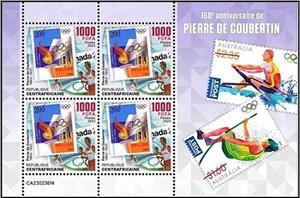 Mini Sheet, Pierre de Coubertin (1863–1937), Central African Republic,  , Anniversaries and Jubilees, Olympic Games, Sports, Stamps
