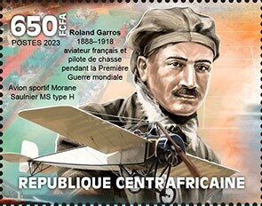 Stamp, Roland Garros, Morane Saulnier MS type H sports plane, Central African Republic,  , Aircraft, Anniversaries and Jubilees, Aviation, Famous People, Pilots