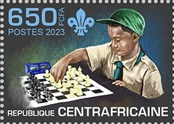 Stamp, Scouts playing chess, Central African Republic,  , Chess, Scouting