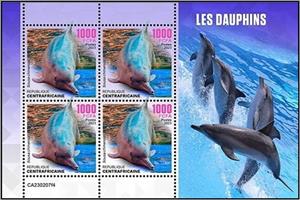 Mini Sheet, Sousa chinensis, Central African Republic,  , Dolphins, Sea Life