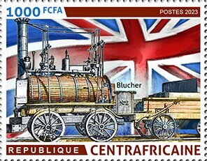 Stamp, Stephenson's Rocket; Blucher, Central African Republic,  , Anniversaries and Jubilees, Famous People, Изобретатели, Locomotives, Railways