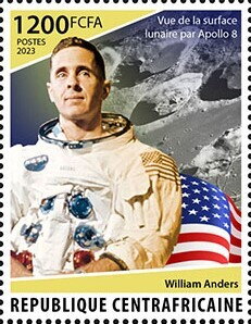 Stamp, William Anders, View of the lunar surface from Apollo 8, Central African Republic,  , Anniversaries and Jubilees, Astronauts, Famous People, Outer Space, Space Traveling, Космический корабли