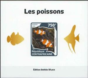 Souvenir Sheet, Fish Gold Impressions, Central African Republic,  , Animals (Fauna), Fishes, Sea Life