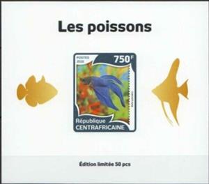 Souvenir Sheet, Fish Gold Impressions, Central African Republic,  , Animals (Fauna), Fishes, Sea Life