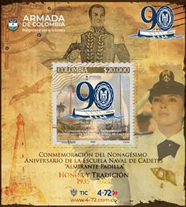 Souvenir Sheet, Admiral Padilla Naval Cadet School, 90 Years, Colombia,  , Admirals, Famous People, Lighthouses, Navies, Sailing Ships, Schools, Ships