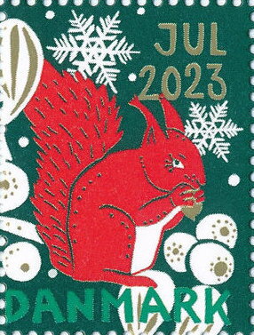 Stamp, Christmas 2023, Denmark Stamps - Christmas Seals,  , Animals (Fauna), Christmas, Fruits and Berries, Plants (Flora), Squirrels