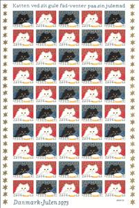 Full Pane, The Cat by Its Yellow Dish Waits for Its Christmas Meal, Denmark Stamps - Christmas Seals,  , Christmas