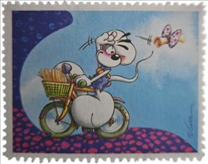 Stamp, Diddl on Bike, Fantasy Issues,  , Bicycles, Cartoons, Letters (Mail), Stylized Animals