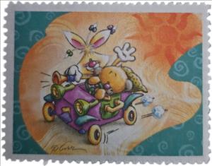 Stamp, Mimihopps & Pimboli on Car, Fantasy Issues,  , Cars, Cartoons, Stylized Animals, Sun, Teddy Bears