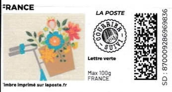 Stamp, Spring. Flowers on a Bike. Redesign no logo Courrier suivi, France,  , Bicycles, Flowers, Spring