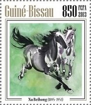 Stamp, Horses on Works by Xu Beihong, Guinea-Bissau,  , Animals (Fauna), Chinese New Year, Chinese Zodiac, Horses, Mammals, Painters, Paintings, Zodiac
