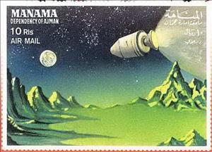 Stamp, Lunar Landscape, Manama,  , Moon, Outer Space, Space Traveling
