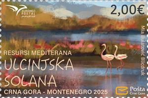 Stamp, Euromed 2025 : Ulcinj Saltworks, Montenegro,  , Animals (Fauna), Birds, Euromed, Flamingos, Landscapes