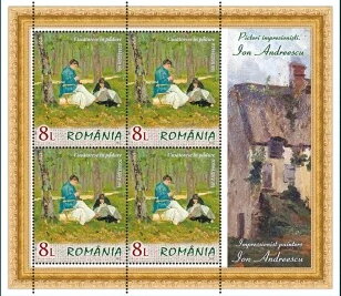 Mini Sheet, Girl Sewing in Forest by Ion Andreescu,, Romania,  , Art, Paintings