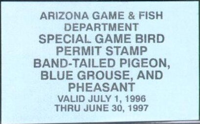 Stamp, Special Game Bird Permit Stamp, Arizona (AZ),  , Hunting