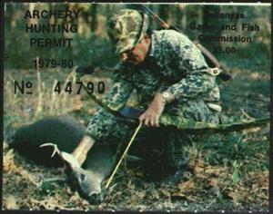 Stamp, Hunter checking deer, Arkansas (AR),  , Animals (Fauna), Archery, Deer, Hunting, Men