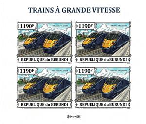 Mini Sheet, BR Class 395 Javelin, Burundi,  , Buildings, Locomotives, Plants (Flora), Railways, Townscapes / City Views, Trees