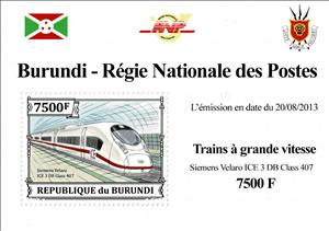Souvenir Sheet, Siemens Velaro ICE 3 DB Class 407, Burundi,  , Locomotives, Railways, Stations