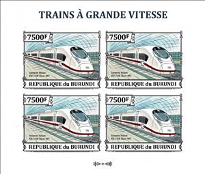 Mini Sheet, Siemens Velaro ICE 3 DB Class 407, Burundi,  , Locomotives, Railways, Stations