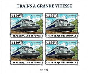 Mini Sheet, SNCF TGV Atlantique, Burundi,  , Locomotives, Plants (Flora), Railways, Trees