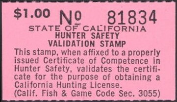 Stamp, Hunter Safety Validation Stamp, California (CA),  , Hunting