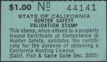 Stamp, Hunter Safety Validation Stamp, California (CA),  , Hunting