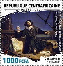 Stamp, “Copernicus in the tower at Frombork”, 1873, Central African Republic,  , Anniversaries and Jubilees, Famous People, Painters, Paintings