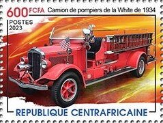 Stamp, 1934 White fire truck, Central African Republic,  , Cars, Fire-brigade, Trucks, Vehicles