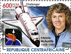 Stamp, Challenger, Christa McAuliffe (1948-1986), Central African Republic,  , Anniversaries and Jubilees, Outer Space, Space Traveling, Космический корабли