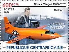 Stamp, Chuck Yeager (1923-2020), Bell X-1, Central African Republic,  , Anniversaries and Jubilees, Organizations, Outer Space, Space Traveling, Космический корабли