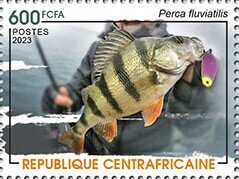 Stamp, European perch (Perca fluviatilis), Central African Republic,  , Animals (Fauna), Fishes, Sea Life