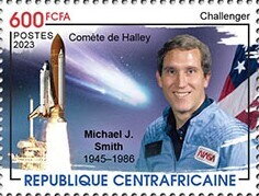 Stamp, Halley's Comet, Michael J. Smith (1945-1986), Central African Republic,  , Anniversaries and Jubilees, Outer Space, Space Traveling, Космический корабли