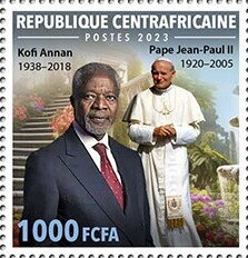 Stamp, Kofi Annan (1938–2018), Pope John Paul II (1920–2005), Central African Republic,  , Anniversaries and Jubilees, Famous People, Men, Nobel Laureates, Politicians, Popes