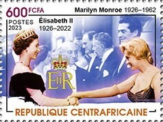 Stamp, Marilyn Monroe (1926-1962), Elisabeth II (1926-2022), Central African Republic,  , Actors, Famous People, Marilyn Monroe, Music, Queens, Royalty, Singers