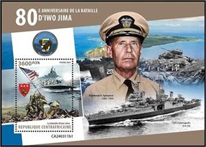 Souvenir Sheet, The Battle of Iwo Jima, Central African Republic,  , Anniversaries and Jubilees, Second World War